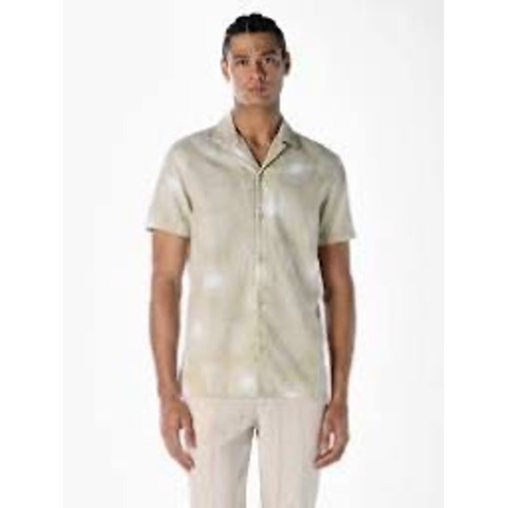 Folk Mens Tan White Geometric Sunburst Print Short Sleeve‎ Button Up Shirt M